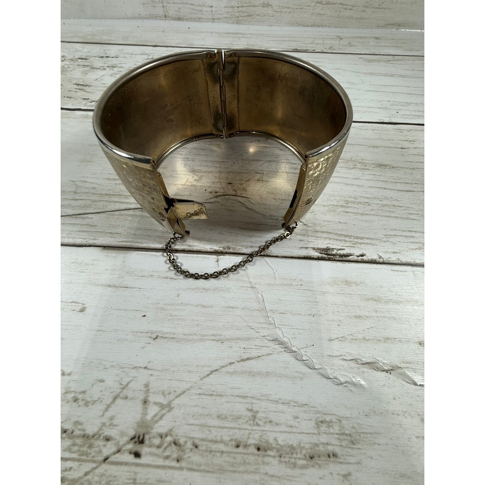 Vintage Gold Tone Textured Hinged Cuff Bracelet Wide Statement Bangle with Chain